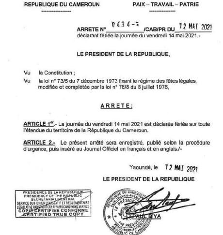 Cameroun : Paul BIYA déclare jeudi et vendredi fériés et chômés