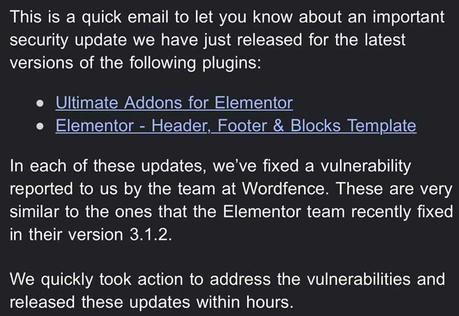 WordPress Ultimate Addons pour la vulnérabilité Elementor affecte +1 million Capture d'écran de l'e-mail Brainstorm Force