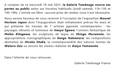 Galerie Taménaga  – réouverture le 19 Mai 2021