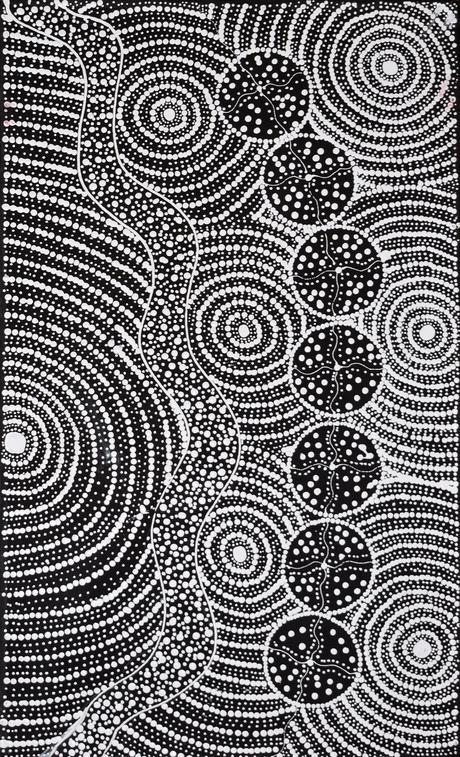 Focus sur une peinture pointilliste aborigène : "Le Rêve du Serpent&quot; de Natasha Oldfield Nakamarra