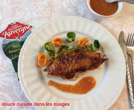 Poulet fermier d'Auvergne en crapaudine, tagliatelles et wok de légumes, ketchup maison
