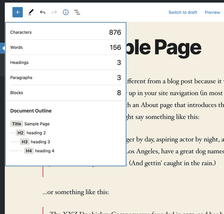 WordPress Gutenberg 9.2 – Des dizaines d’améliorations Capture d'écran de la liste déroulante du panneau d'informations