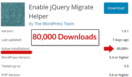 Comment résoudre le problème WordPress 5.5 jQuery Capture d'écran de la page du plugin WordPress jQuery migrate montrant 80 000 téléchargements