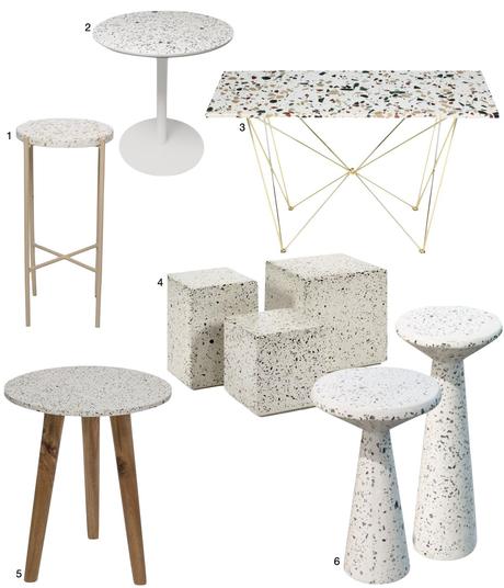 table ronde carrée rectangle granito terrazzo blanc pieds bois béton laiton