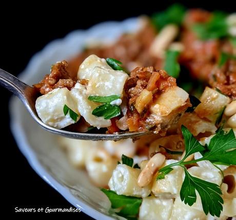 Macaroni au yaourt et agneau épicé.