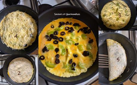 Quesadillas garnie d’omelette tomate fromage et olives noires.