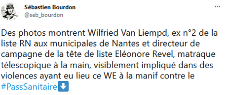 Le Numéro 2 du RN à Nantes tabasse un manifestant contre le #PassSanitaire à 7 contre un… et armés. Le Numéro 2 du RN à Nantes tabasse un manifestant contre le #PassSanitaire à 7 contre un… et armés.