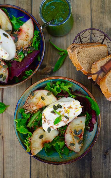 recette d'été , burrata , salade aux pêches , pesto , pêches grillées