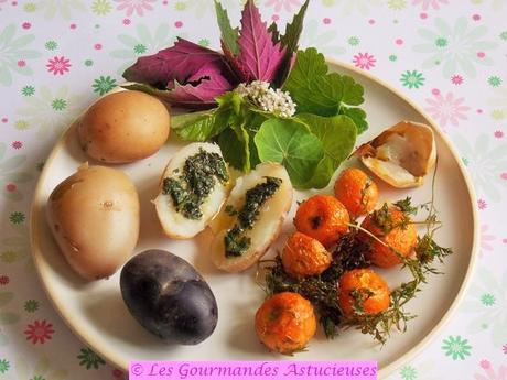 Pommes de terre nouvelles, carottes, ail-éléphant et origan (Vegan)