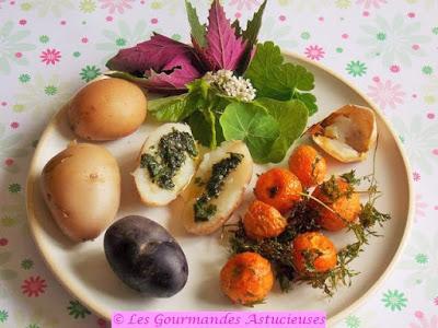 Pommes de terre nouvelles, carottes, ail-éléphant et origan (Vegan)
