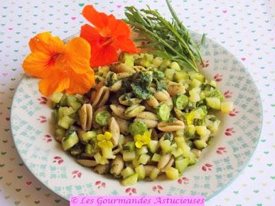 Pâtes tout en verdure (plantes sauvages, courgette, mélothries  roquette) (Vegan)