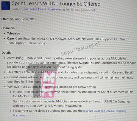 T-Mobile cesse de louer des téléphones sur un plan Sprint Note de résiliation du bail du plan T-Mobile Sprint - T-Mobile arrête de louer des téléphones sur un plan Sprint