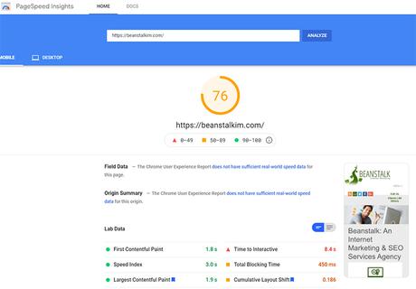 3 Simple PageSpeed & Core Web Hacks Vital pour WordPress PageSpeed Insights sur le site Web de Beanstalk avec la version pro de Cloud Flare.