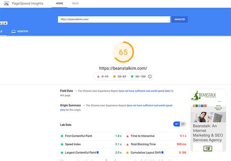3 Simple PageSpeed & Core Web Hacks Vital pour WordPress PageSpeed Insights sur le site Web de Beanstalk avec la version gratuite de Cloud Flare.