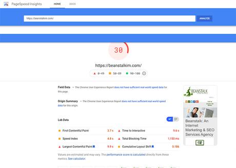 3 Simple PageSpeed & Core Web Hacks Vital pour WordPress PageSpeed Insights sur le site Web de Beanstalk.