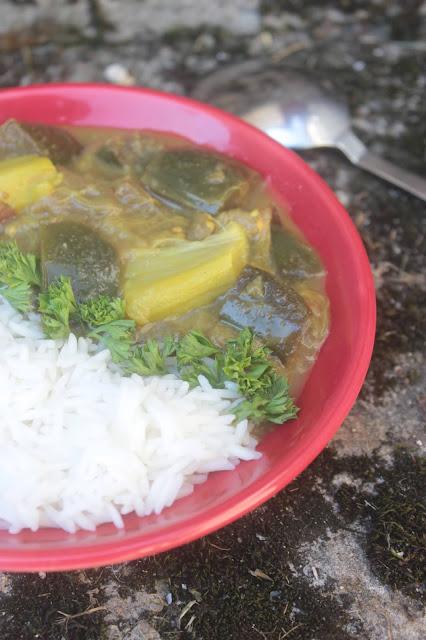 Cuillère et saladier : Curry aubergines rhubarbe Curry aubergines rhubarbe