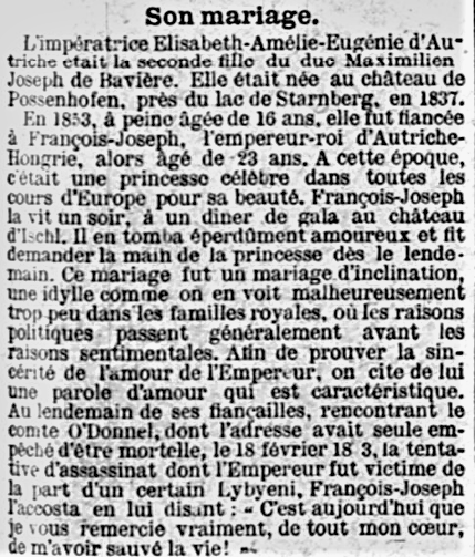 Le mariage de Sissi et de François-Joseph dans le journal bruxellois Le Petit Bleu (11 septembre 1898)