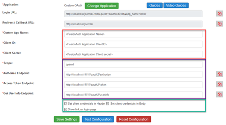 Paramètres de configuration Joomla OAuth personnalisés.