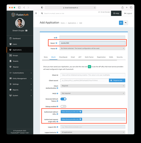 Configuration de la configuration de l'application FusionAuth Joomla SSO.