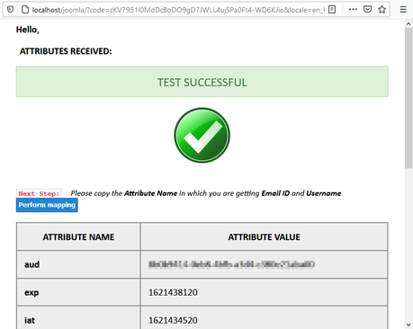 Écran de résultat du test Joomla OAuth.