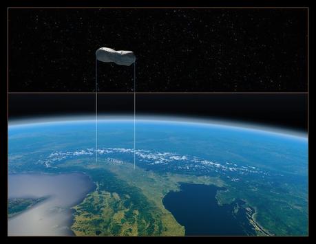 Forme d'os de chien flottant haut sur l'Italie depuis l'orbite, avec la courbe de la Terre en arrière-plan.