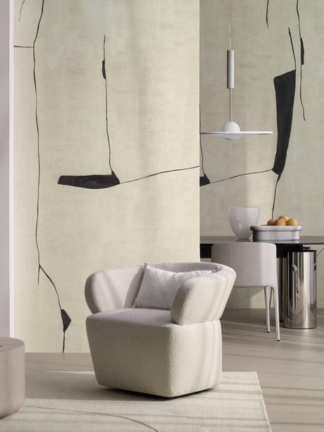 Asteré du pinceau de l’artiste au papier peint salon fauteuil bouclette papier-peint noir et blanc effet kintsugi