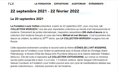 Fondation Louis VUITTON exposition Collection MOROZOV   22 Septembre au 22 Février 2022.