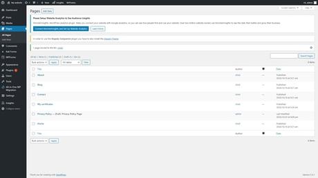Comment créer un site Web avec WordPress Tableau de bord de WordPress affichant le menu Pages