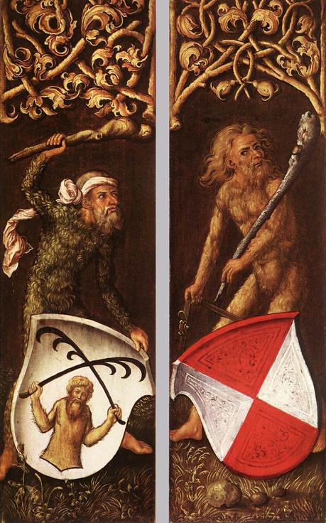 Durer 1499 Homme sauvages tenant des ecus triptychon des Oswolt Krel Alte Pinakothek Munich