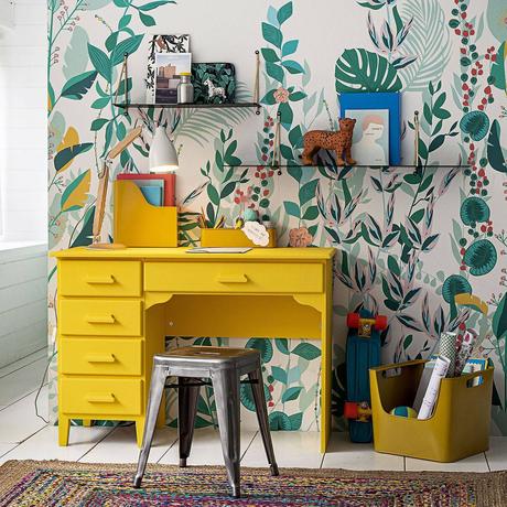 bureau jaune papier-peint végétal chambre colorée garçon