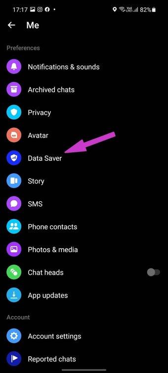 Top 10 des moyens de réparer Facebook Messenger qui n’envoie pas de messages Menu de l'économiseur de données