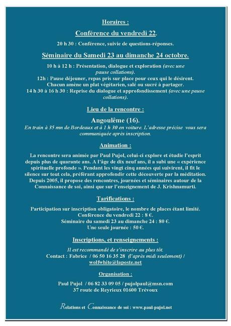22 au 24 octobre à Angoulême: Séminaire Connaissance de soi avec Paul Pujol