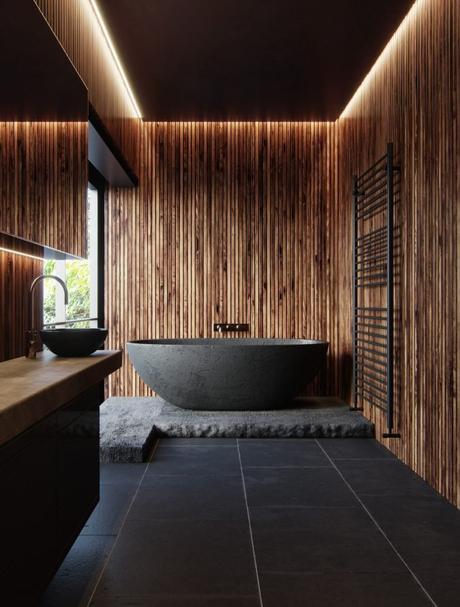 salle de bain theme nature noire et bois baignoire ilot ardoise japonisante - Blog déco - Clem around the corner