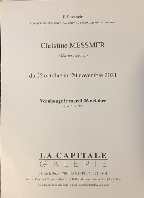 Galerie La Capitale  exposition  Christine Messmer-25 Octobre au 20 Novembre 2021
