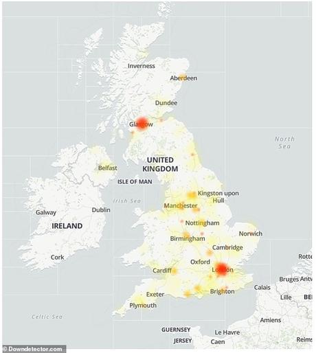 Une carte des pannes révèle des plaintes provenant principalement de Londres et de Glasgow
