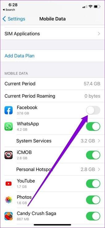 Activer les données mobiles pour Facebook
