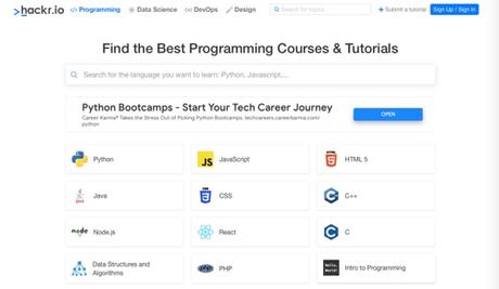 Page d'accueil de Hackr.io