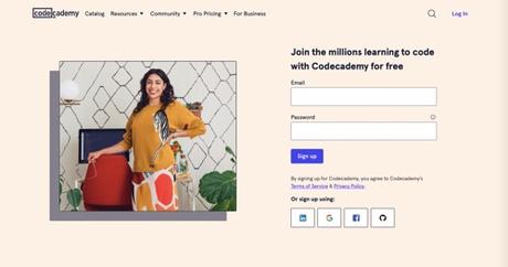 Page d'accueil de Codecademy