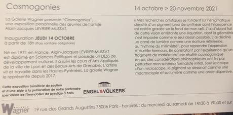 Galerie WAGNER exposition Alain-Jacques LEVRIER-MUSSAT « Cosmogonies » jusqu’au Novembre 2021