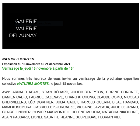 Galerie Valérie Delaunay « Natures mortes » 18/11 au 24/12/2021