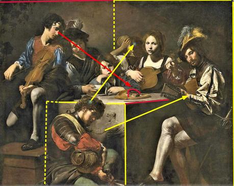 4 : Reniement de Pierre : L’expansion du prototype 1624-26 Valentin-de-boulogne Le concert au bas-relief louvre schema