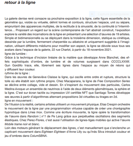 Galerie Denise René  « Retour à la ligne » à partir du 18 Novembre 2021