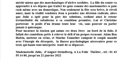 Regard vers le théâtre de Pierre-Marc Levergeois « Mademoiselle Julie » de Strinberg – à La folie Théâtre