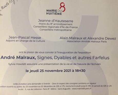 André Malraux (Signes,Dyables et autres Farfelus) Mairie du 8me- jusqu’au 2 Décembre 2021.