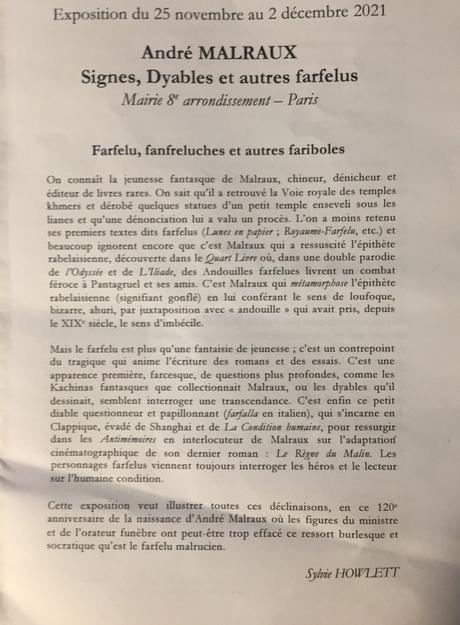 André Malraux (Signes,Dyables et autres Farfelus) Mairie du 8me- jusqu’au 2 Décembre 2021.