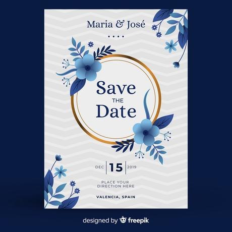 Free Vector Blue Floral Wedding Invitation Template In Flat Design