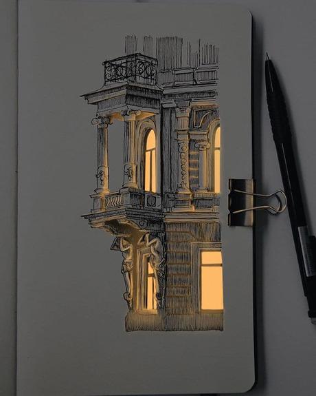 Ces dessins d’architecture donnent l’impression d’être éclairés de véritables lumières