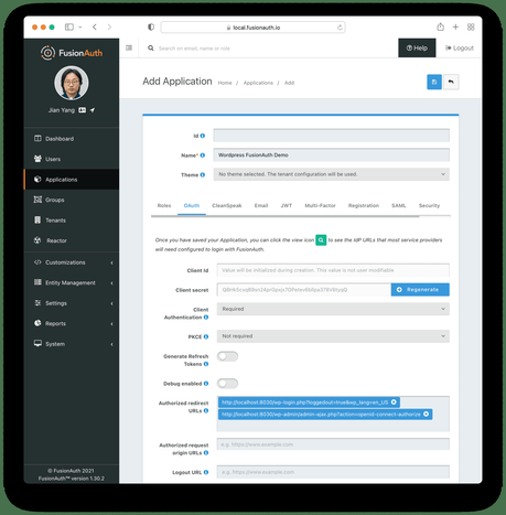 Comment configurer l’authentification unique entre FusionAuth et WordPress Créer l'onglet OAuth de l'application.