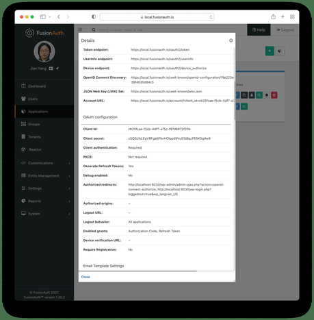 Comment configurer l’authentification unique entre FusionAuth et WordPress Affichage des détails de l'application avec les informations OAuth.