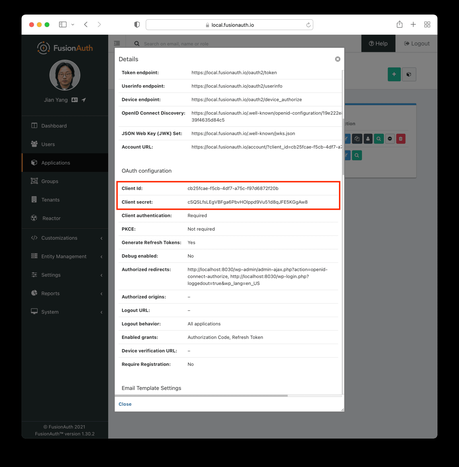 Comment configurer l’authentification unique entre FusionAuth et WordPress Recherche de l'ID client et du secret client.